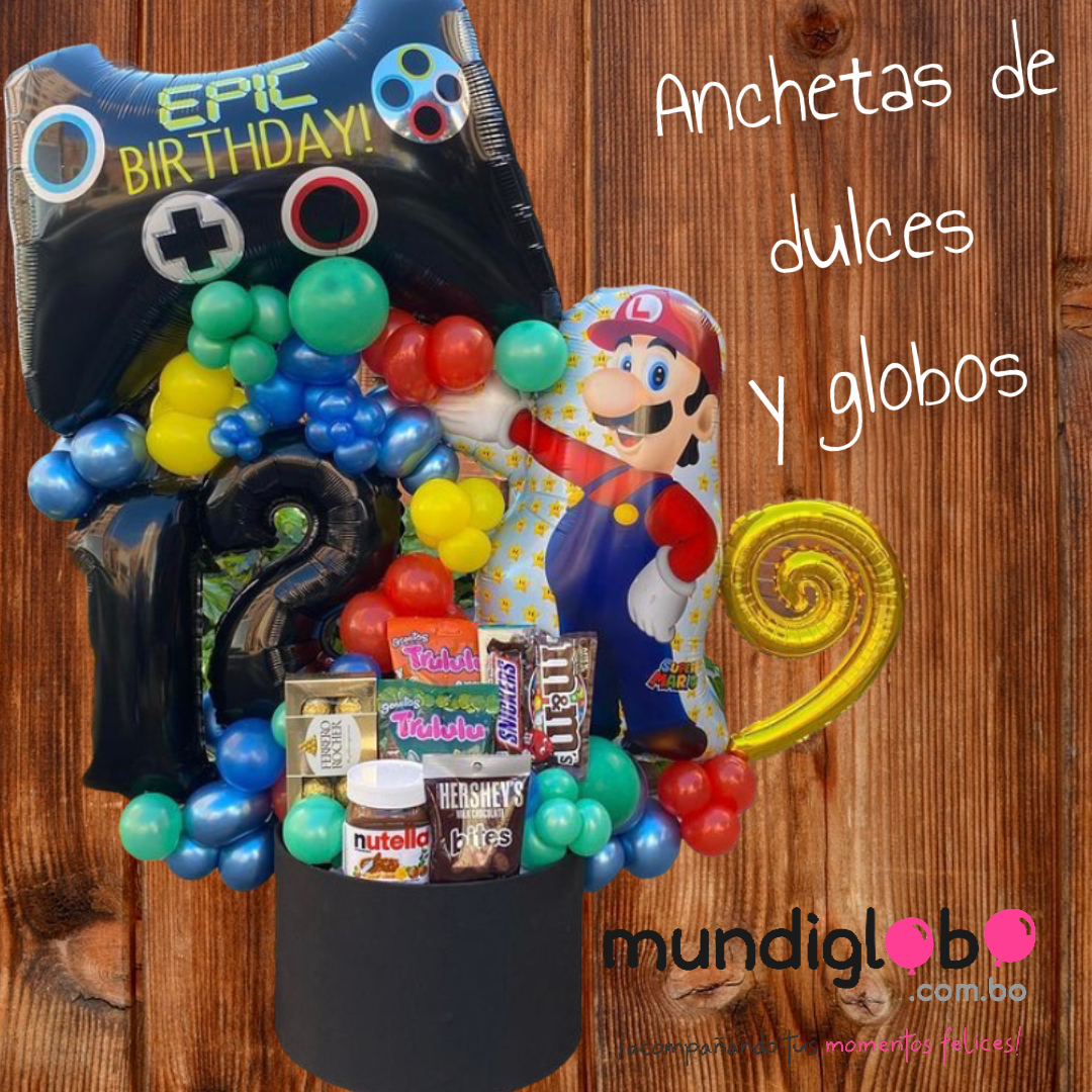 Ancheta de dulces, chocolates y globos Mario Bros